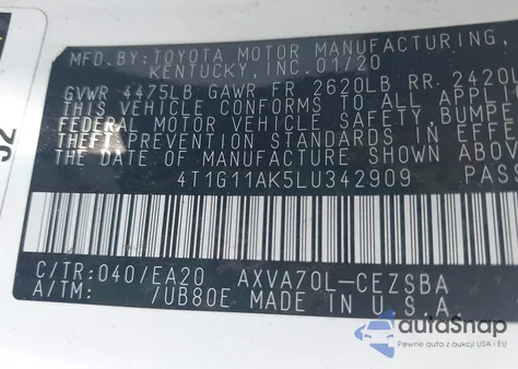 2020 Toyota Camry Se z USA, uszkodzony, nr VIN 4T1G11AK5LU342909